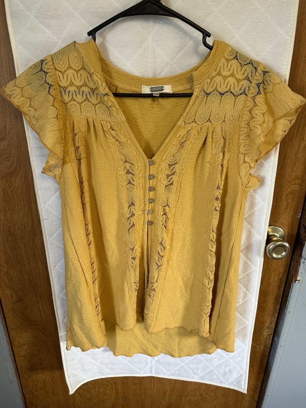 gimmicks by BKE Mustard Lace-Trim V-Neck Blouse